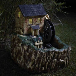 Solar Powered Water Mill Fountain With Light -Fresh Gardenly Store fountain mill night
