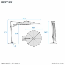 Kettler 3.3m Free Arm Grey Frame / Grey Taupe Canopy Parasol (with LED Lights And Wireless Speaker) -Fresh Gardenly Store l Kettler freearm