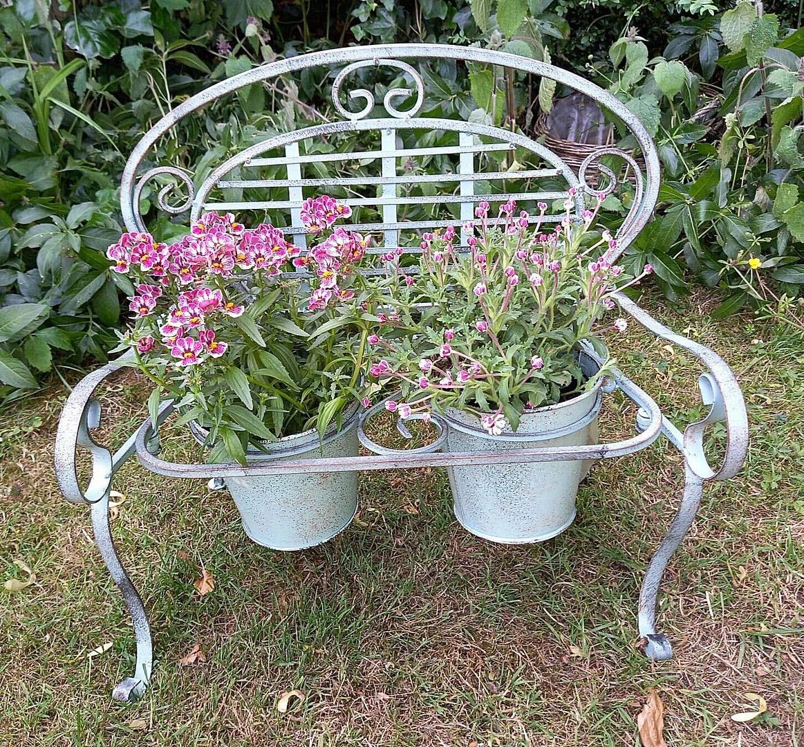 Verdigris Metal Garden Bench Pot Planter Holder 3 Verdigris Metal Garden Bench Pot Planter Holder