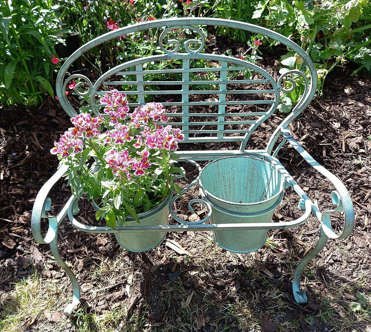 Verdigris Metal Garden Bench Pot Planter Holder 6 Verdigris Metal Garden Bench Pot Planter Holder - Image 4