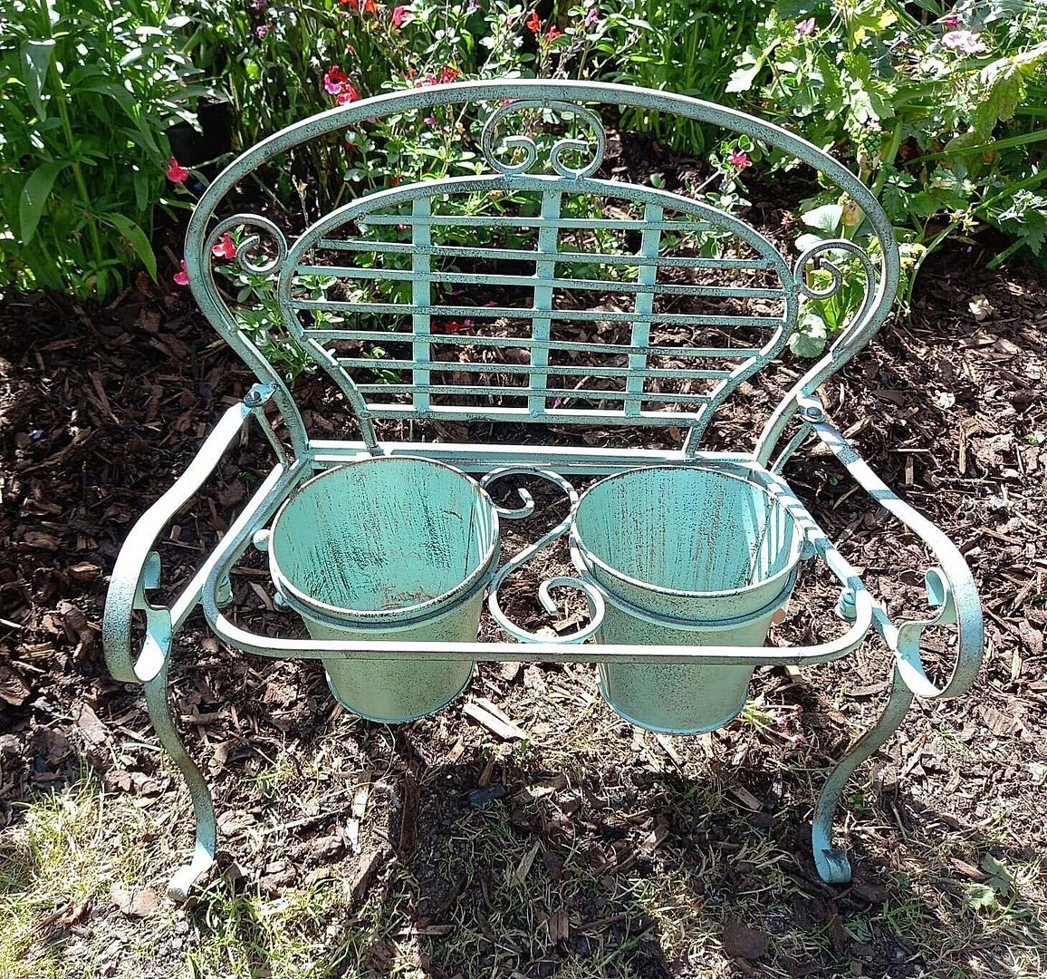 Verdigris Metal Garden Bench Pot Planter Holder 4 Verdigris Metal Garden Bench Pot Planter Holder - Image 2