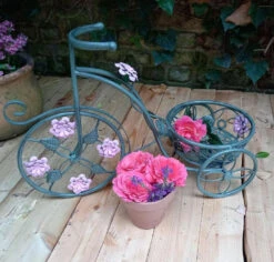 Tricycle Plant Pot Holder With Pink Flower Motifs - 40cm Tall