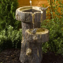 Solar Power Tree Trunk Birdbath -Fresh Gardenly Store tree trunk lifestyle